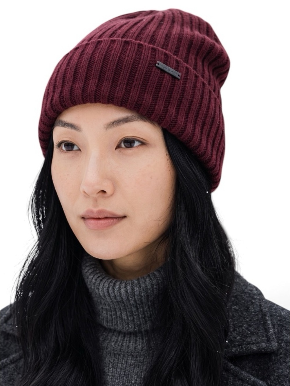 New Michael Kors Burgundy Ribbed Knit Fleece-Lined Slouchy Beanie